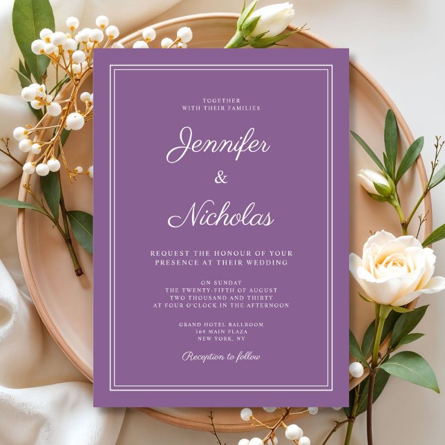 Elegante moderne französische Lilac-Script-Hochzei Einladung (Elegant Modern French Lilac Script Wedding Invitation)