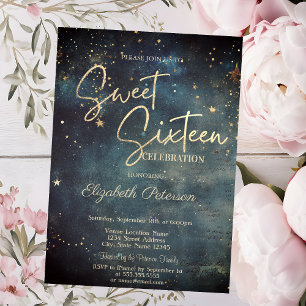 Elegante moderne Galaxie Sterne Blau Sweet 16 Einladung