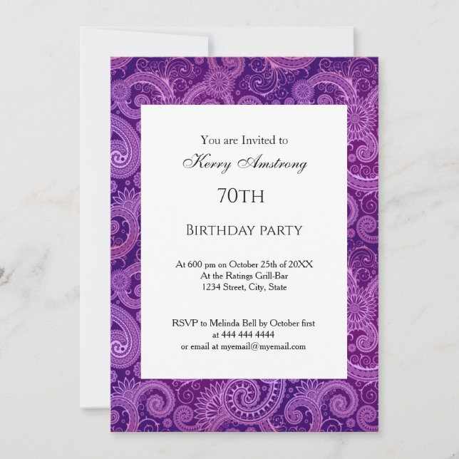 Elegante Moderne Geburtstagsparty Lila Paisley Einladung (Vorderseite)