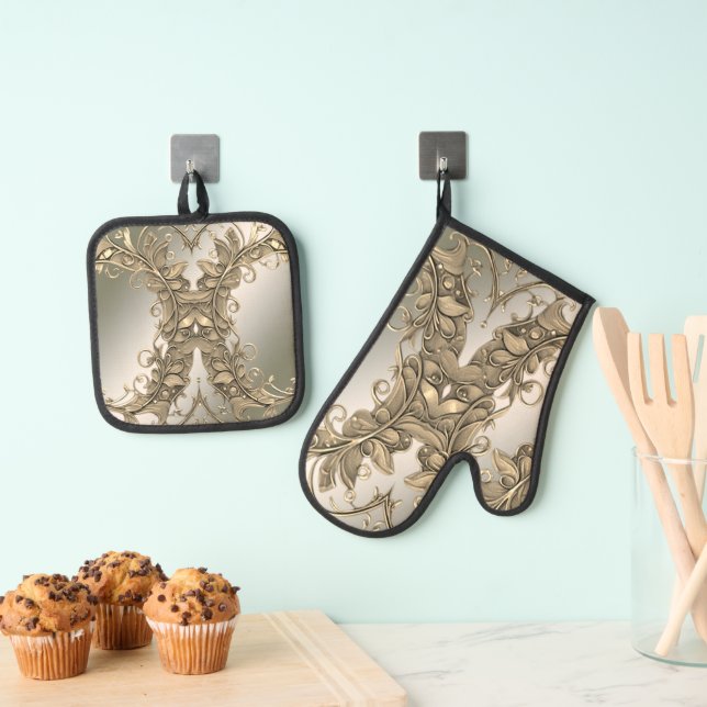 Elegante Moderne Gold Dekorative Ofenhandschuh & Topflappen-Set (Insitu (Hängend))