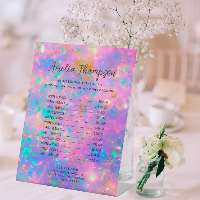 Elegante, moderne Gold Fire Opal Stone Preisliste Sockelschild (Front)