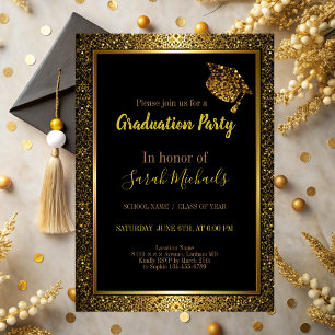 Elegante moderne Gold Glitter Graduation Cap Einladung