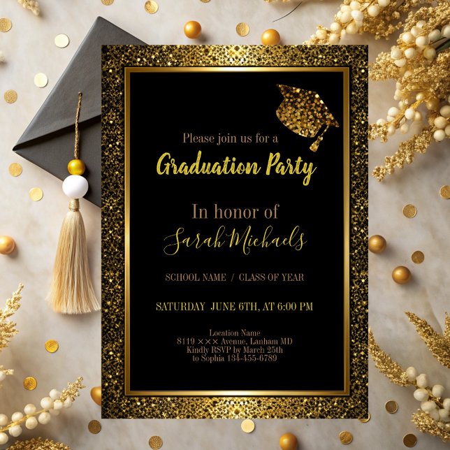 Elegante moderne Gold Glitter Graduation Cap Einladung (Von Creator hochgeladen)