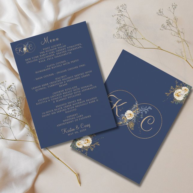 Elegante moderne Gold Monogram Navy Blue Wedding Menükarte (Von Creator hochgeladen)