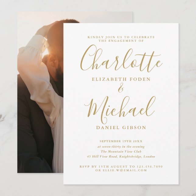 Elegante, moderne Gold Script Foto Engagement Part Einladung (Vorne/Hinten)
