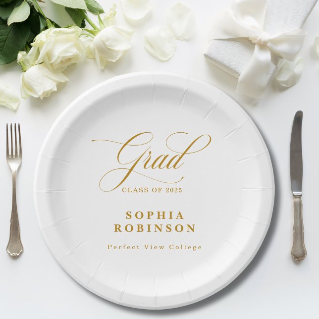 Elegante Moderne Gold Script Graduation Party Pappteller (Von Creator hochgeladen)
