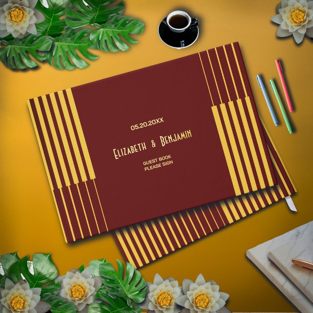 Elegante Moderne Gold Script Red Wedding Gästebuch (Elegant Modern Gold Script Red Wedding Foil Guest Book makes a great keepsake of good wishes. )
