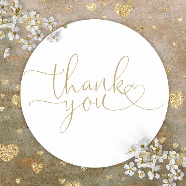 Elegante moderne Goldene Herzensschrift Vielen Dan Runder Aufkleber (Elegant Modern Gold Heart Script Thank You Classic Round Sticker)