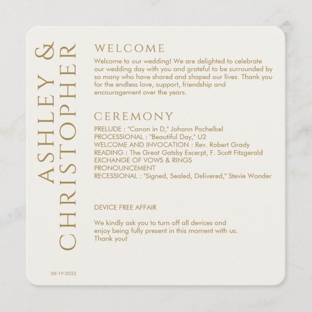Elegante Moderne Goldhochzeit Programm (Vorderseite)
