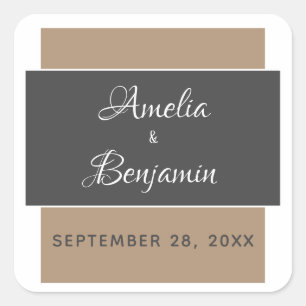 Elegante Moderne Gray Beige Typografie Hochzeit Quadratischer Aufkleber