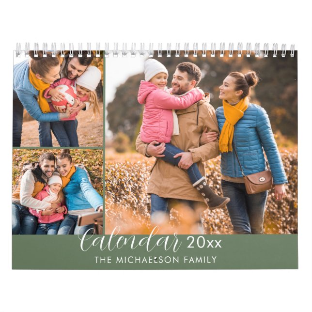 Elegante moderne Grüne 3-Foto-Familie Kalender (Titelbild)