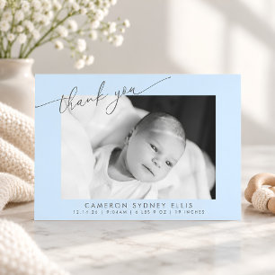 Elegante moderne hellblaue Schrift Baby-Foto-Gebur Dankeskarte