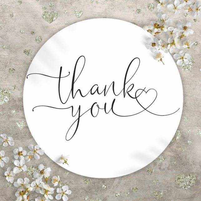 Elegante Moderne Herzschrift Vielen Dank Runder Aufkleber (Elegant Modern Heart Script Thank You Classic Round Sticker)