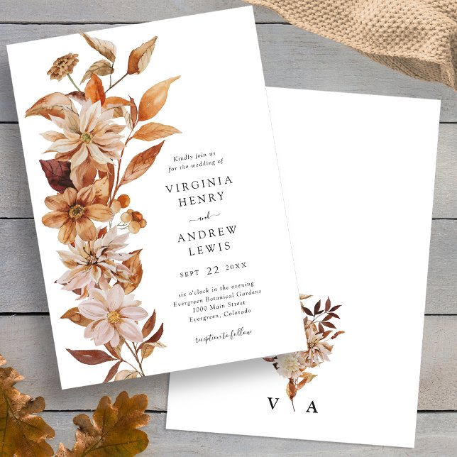Elegante Moderne Hochzeit im Herbst Einladung (Elegant Modern Fall Floral Wedding Invitation back Monogrammed by Painted Paperie
)
