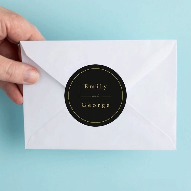 Elegante moderne Hochzeit in Schwarz und Gold Runder Aufkleber (Von Creator hochgeladen)