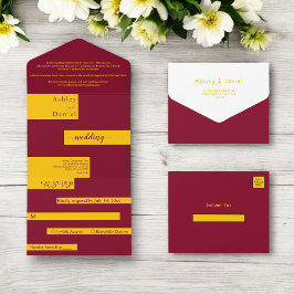 Elegante moderne Hochzeit mit Burgund und Gold-Chi All In One Einladung