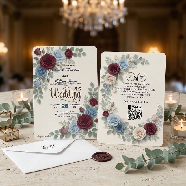 Elegante moderne Hochzeit mit QR-Code Rose Einladung (Von Creator hochgeladen)