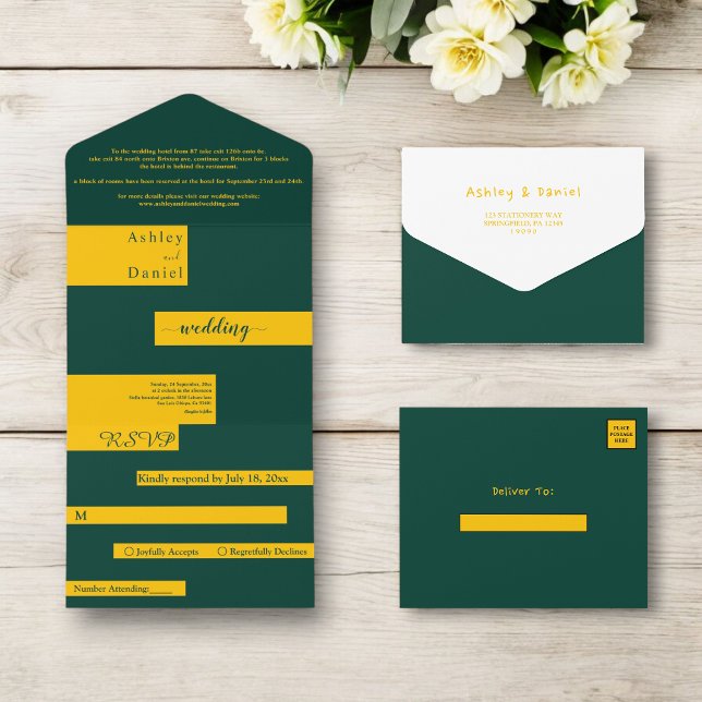 Elegante moderne Hochzeit von Green und Gold Luxur All In One Einladung (Von Creator hochgeladen)