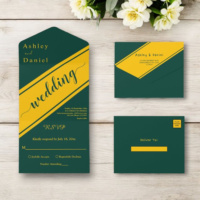 Elegante moderne Hochzeit von Green und Gold Luxur All In One Einladung (Von Creator hochgeladen)