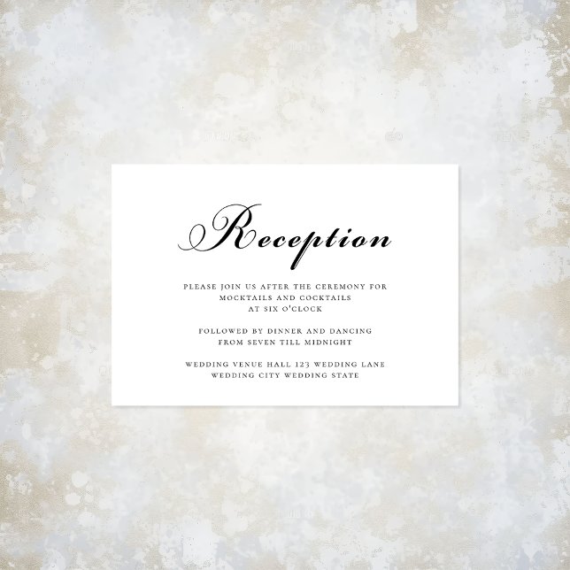 Elegante moderne Hochzeitsempfehlung Schwarz & Wei Begleitkarte (Elegant Modern Script Black & White Wedding Reception Card. View the full wedding at Austen & Grace)