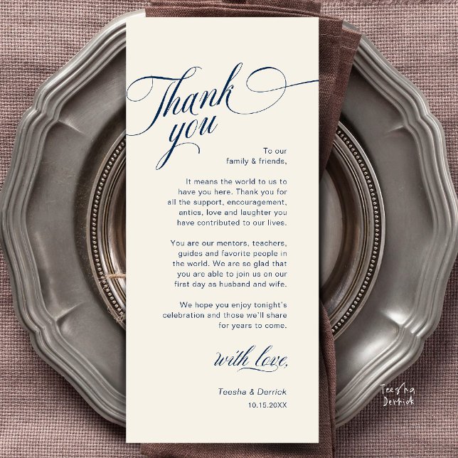 Elegante moderne Hochzeitsplatz-Karten-Dankeschön- Programm (Classy Modern Wedding Place Setting Thank You Card in Navy Blue and Ivory)