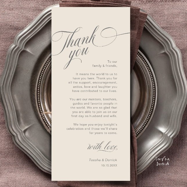 Elegante moderne Hochzeitsplatz-Karten-Dankeschön- Programm (Classy Modern Wedding Place Setting Thank You Card in Cream and Grey)
