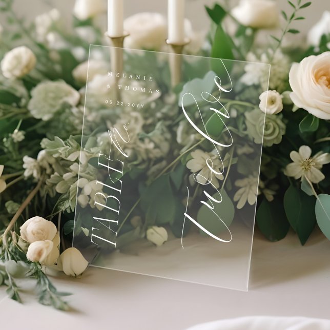 Elegante moderne hochzeitweilige White Script-Tisc Acrylschild (Elegant Modern Wedding White Script Table Number Acrylic Sign)