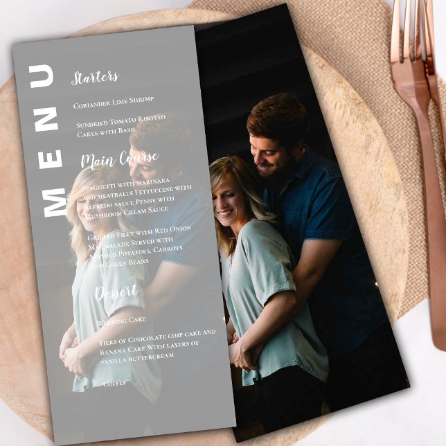 Elegante Moderne Imitate Vellum Foto Wedding Party Menükarte (Elegant Modern Faux Vellum Photo Wedding Party Menu)