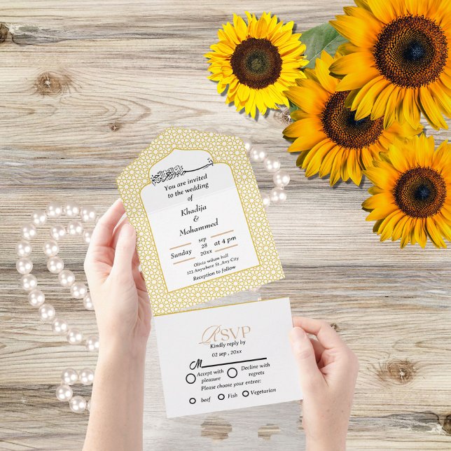 Elegante moderne islamische GOLD AND WHITE Hochzei All In One Einladung (Von Creator hochgeladen)