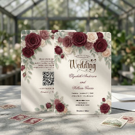 Elegante moderne Kalligrafie Burgunder-Rosen-QR-Co Einladung