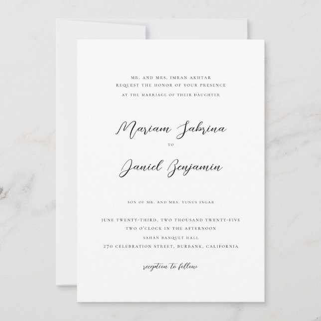 Elegante moderne Kalligrafie Script White Wedding Einladung (Vorderseite)