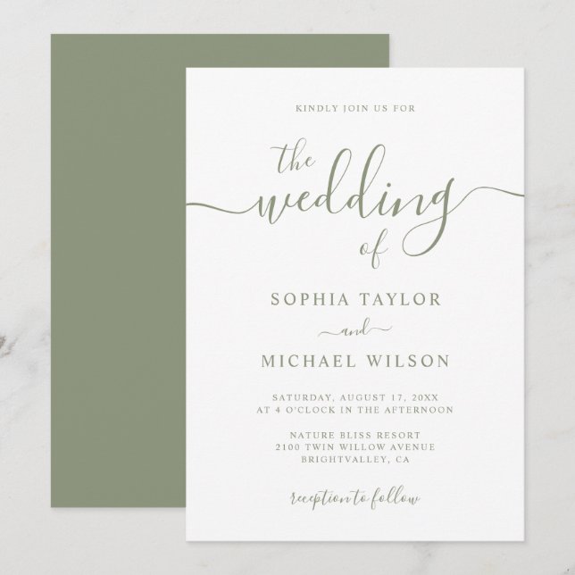 Elegante Moderne Kalligraphie Sage Green Wedding Einladung (Vorne/Hinten)