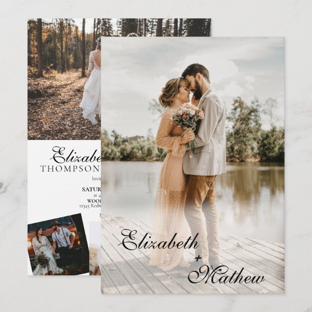 Elegante Moderne Klassische Schrift 5 Foto Hochzei Einladung (Vorne/Hinten)