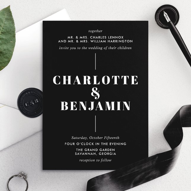 Elegante, moderne, kühne, weiße und schwarze Hochz Einladung (Von Creator hochgeladen)