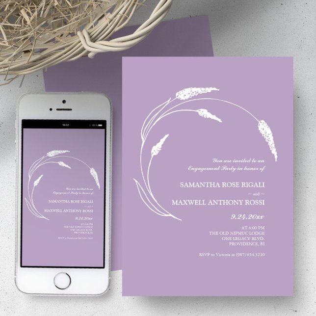 Elegante, moderne Lavenderbindungspartei Einladung (Wedding invitations feature minimalistic lavender line art Victoria Grigaliunas of Do Tell A Belle)