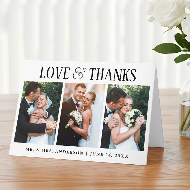 Elegante moderne Liebe dank 3-Foto-Falte Hochzeit Dankeskarte (Customize to add text to inside of card.)