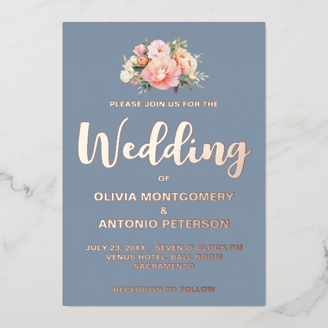 Elegante Moderne Light Pink Peony Dusty Blue Weddi Folieneinladung (Vorderseite)