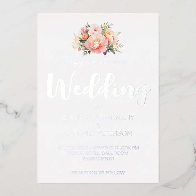 Elegante Moderne Light Pink Peony Silver Wedding Folieneinladung (Vorderseite)