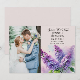 Elegante moderne lila Flieder Blumen Foto Hochzeit Save The Date