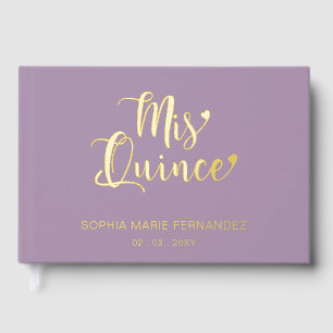 Elegante Moderne Lila Gold Quinceñera Gästebuch