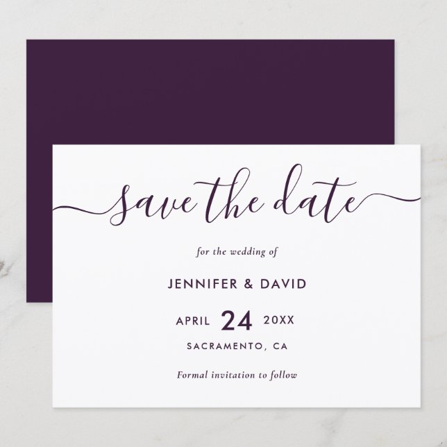 Elegante moderne lila Hochzeit Save The Date (Vorne/Hinten)