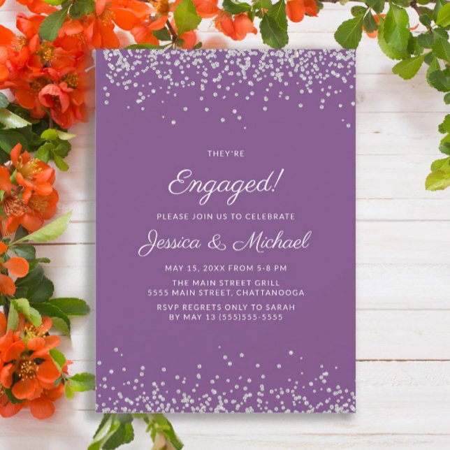 Elegante Moderne Lila Silver Glitzer Verlobung Einladung (Purple engagement party invitation with silver glitter)