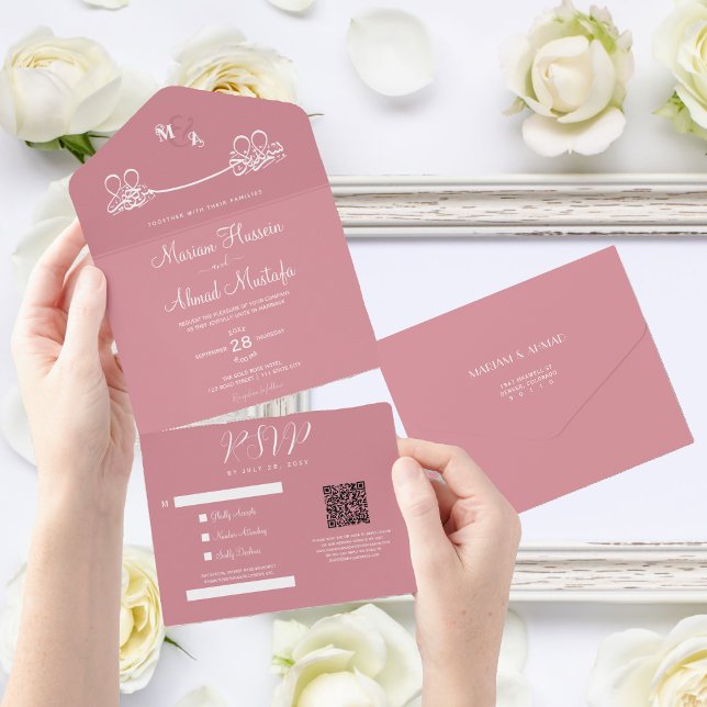 Elegante moderne Minimal Dusty Pink Islamische Nik All In One Einladung (all in one islamic wedding invitation)