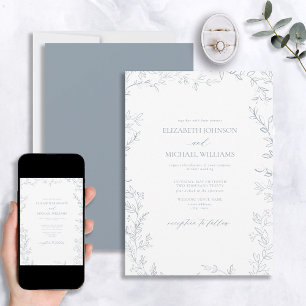 Elegante Moderne Minimal Leaf Dusty Blue Wedding Einladung