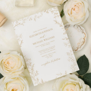 Elegante Moderne Minimal Leaf Gold Hochzeit Einladung