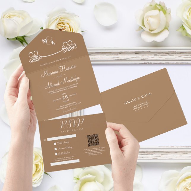 Elegante moderne Minimal Light Brown Islamische Ni All In One Einladung (all in one islamic wedding invitation)