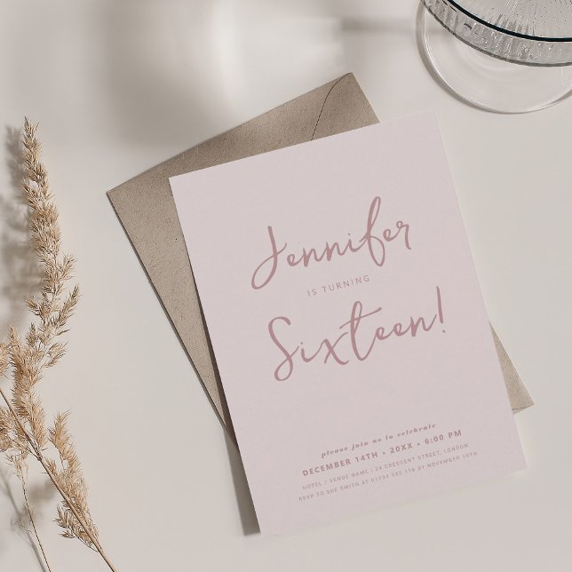 Elegante moderne Minimal Script Sweet 16 Blush Pin Einladung (Elegant Modern Minimal Script Sweet 16 Blush Pink Invitation)