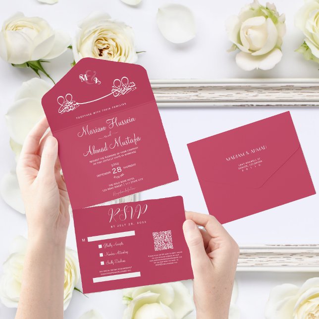 Elegante Moderne Minimal Viva Magenta Islamische N All In One Einladung (all in one islamic wedding invitation)