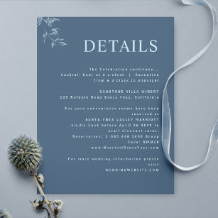 Elegante, moderne, minimale Blue Wedding Details Begleitkarte