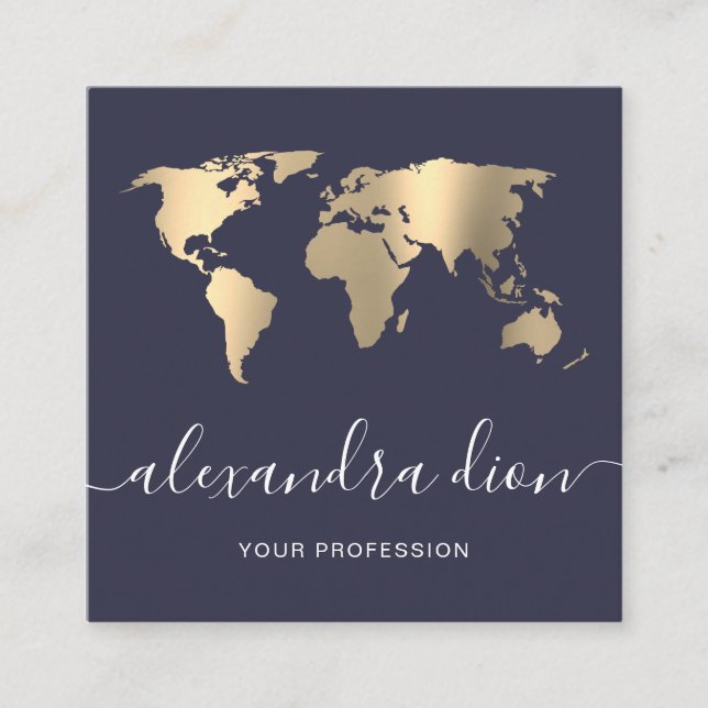 Elegante moderne minimale Goldblauer Weltkarte Quadratische Visitenkarte (Vorderseite)